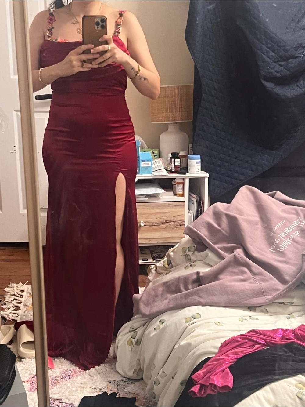 SHEIN Burgundy Velvet Maxi Dress with Side Slit and Embellished Straps